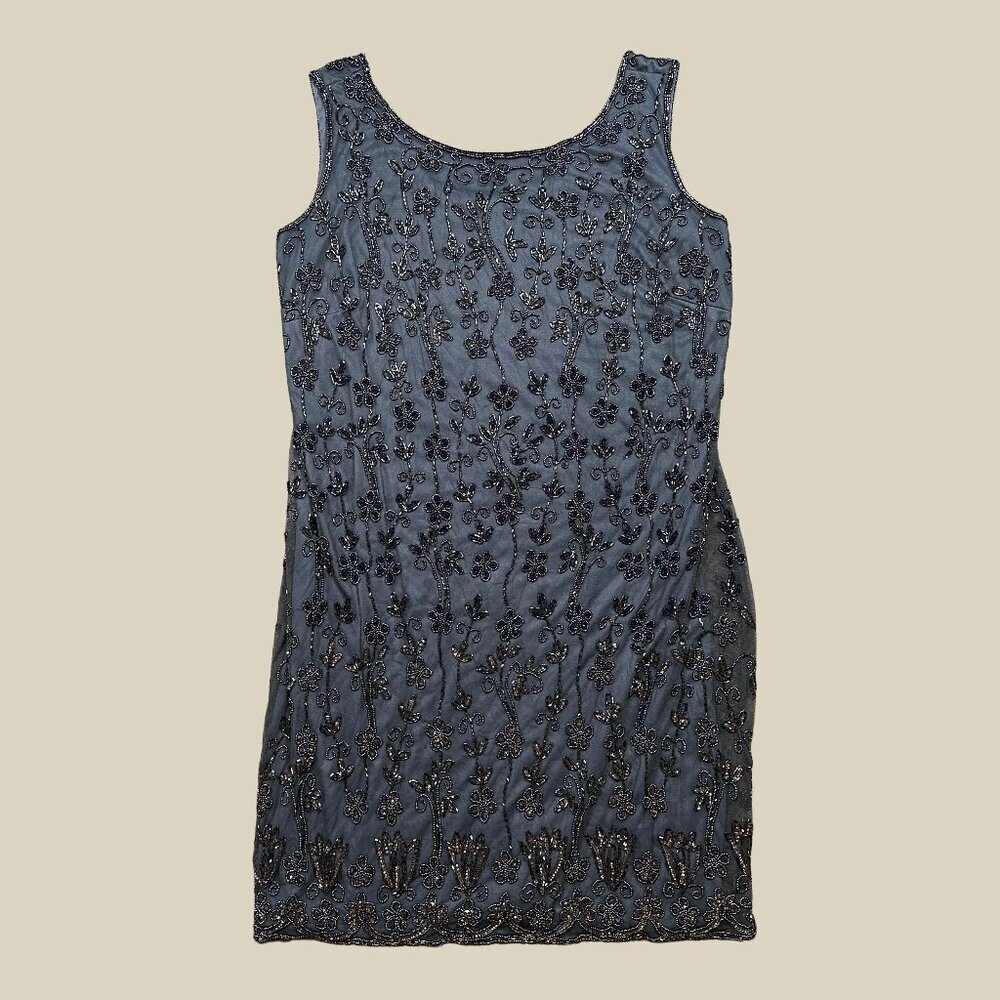 PISSARO NIGHTS Beaded Flapper Mesh Sheath Floral Dress Plus Size 14 W Navy Blue